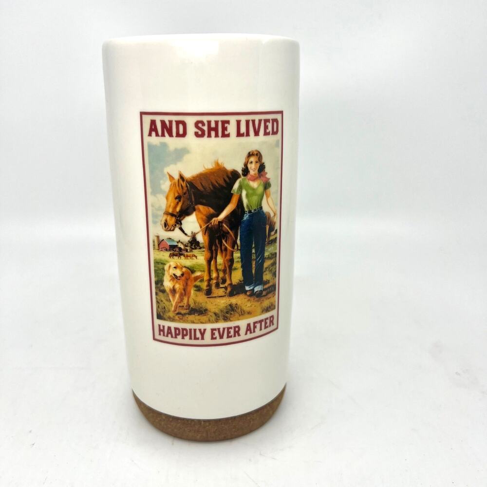 Tall Ceramic Coffee Mug~And She Lived Happily Ever After~Horses~Farm~Cork Bottom